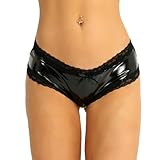 iixpin Damen Hotpants Ouvert-Slip Shorts Wetlook Strings Schwarz Reizwäsche Erotik Dessous Unterwäsche mit Rüsche Schwarz M