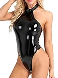 Agoky Damen sexy Ouvert Body Lack Leder Bodysuit mit Neckholder Top Stringbody transparente Netz BH Rückenfrei offener Schritt Unterwäsche S-XL Schwarz B M